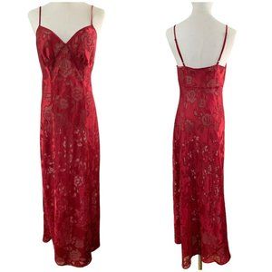Vtg Victorias Secret Gold Label Red Satin Lace Sheer Floral Rose Slit Slip Dress